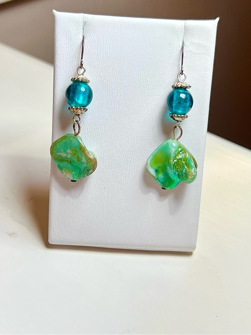 Vintage Green Stone & Aqua Glass Bead Dangle Earrings Boho Artisan Style
